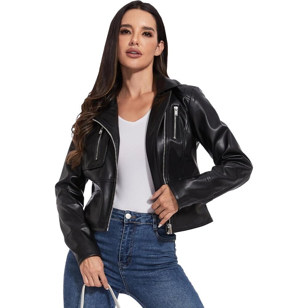 🆕Women Jet Black Faux Leather Motorcycle Short Jacket Casual Biker Coat